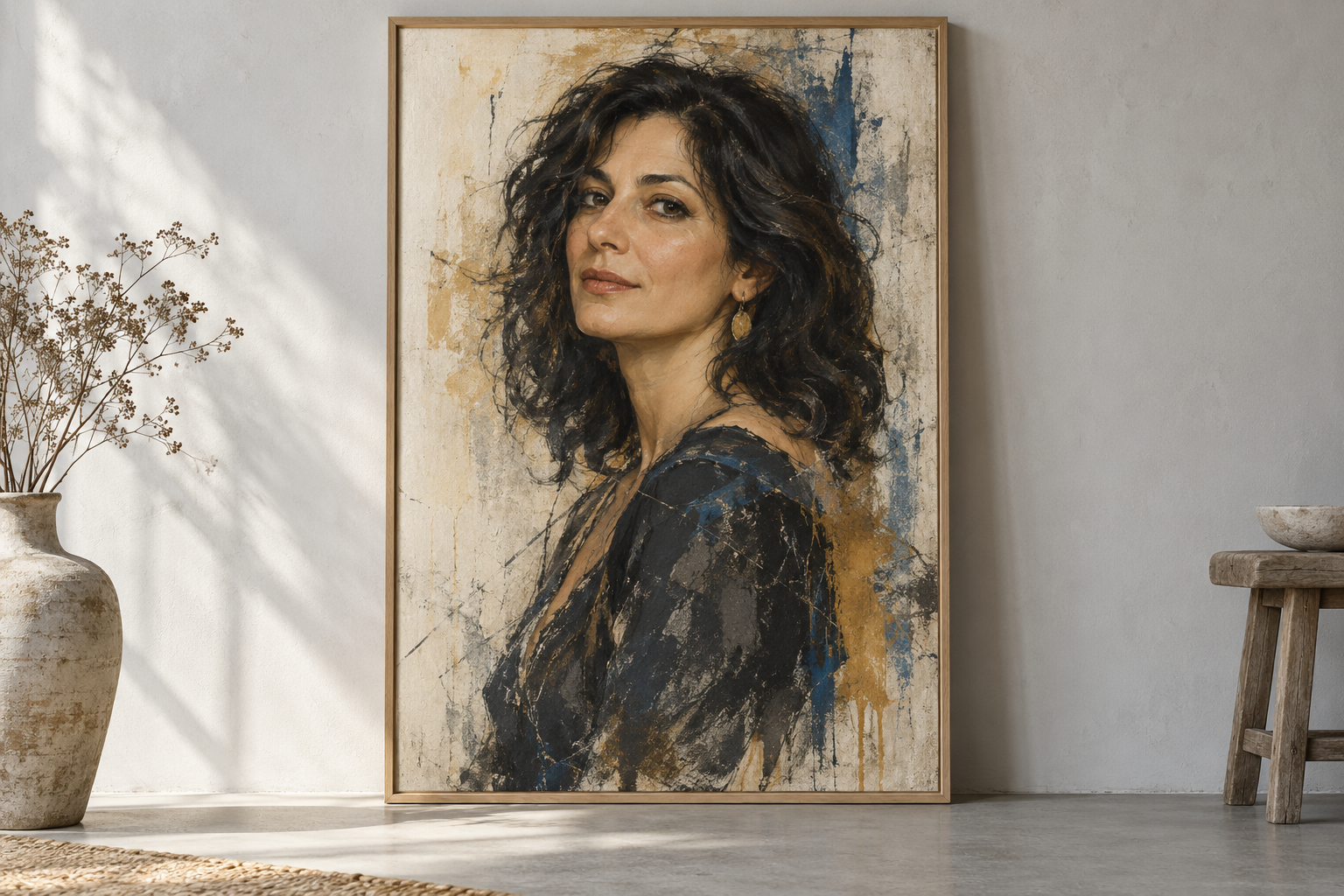 Muestra conceptual generada con IA de un retrato femenino artístico enmarcado